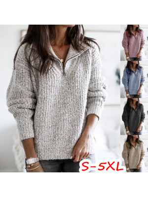 Womens Zipper Knitted Jumper Tops Ladies V-Neck Casual Pullover Blouse Knitwear