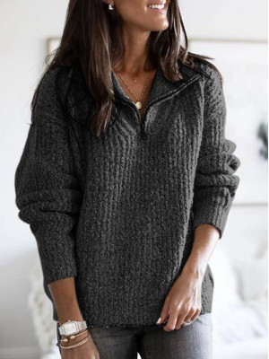 Womens Zipper Knitted Jumper Tops Ladies V-Neck Casual Pullover Blouse Knitwear