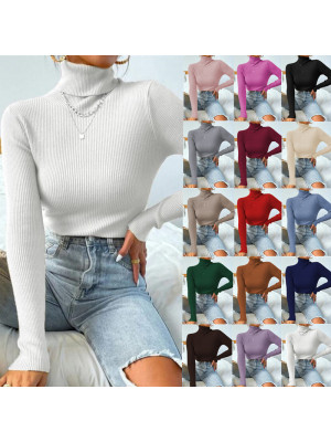 Womens Turtleneck Knitted Jumper T Shirt Ladies Slim Fit Long Sleeve Blouse Tops