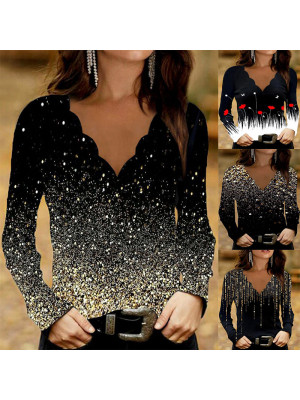 Womens Print V Neck Loose Pullover T Shirt Ladies Long Sleeve Blouse Casual Tops