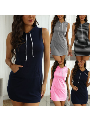 Womens Summer Sleeveless Mini Dress Ladies Slim Bodycon Hoodie Short Dresses UK