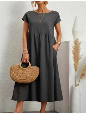 Women Shirt Loose Cotton Linen Sundress Ladies Holiday Short Sleeve Pocket Dress