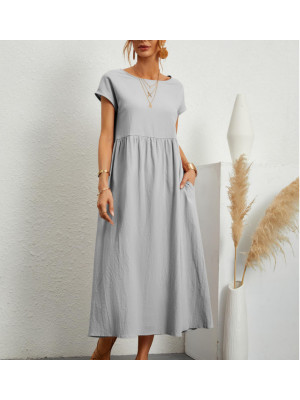 Women Shirt Loose Cotton Linen Sundress Ladies Holiday Short Sleeve Pocket Dress