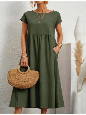 Women Shirt Loose Cotton Linen Sundress Ladies Holiday Short Sleeve Pocket Dress