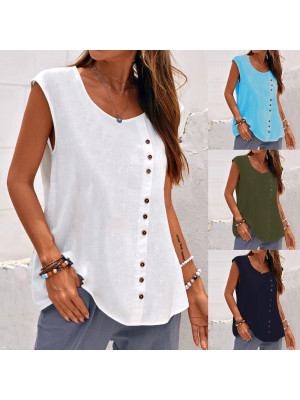 Summer Womens cotton linen Sleeveless Crew Neck T Shirt Ladies Blouse Vest Tops