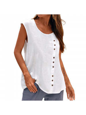 Summer Womens cotton linen Sleeveless Crew Neck T Shirt Ladies Blouse Vest Tops