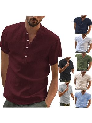 Men Casual V Neck Shirt Short Sleeve Summer Shirts Solid Loose Blouse Button Top