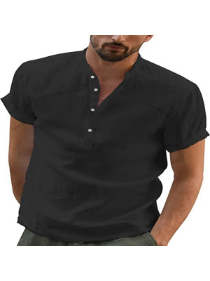 Men Casual V Neck Shirt Short Sleeve Summer Shirts Solid Loose Blouse Button Top