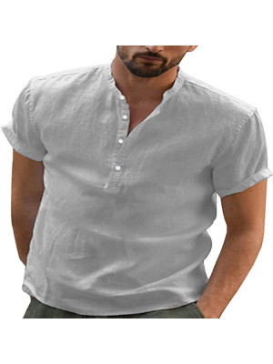 Men Casual V Neck Shirt Short Sleeve Summer Shirts Solid Loose Blouse Button Top