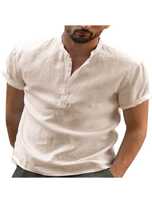 Men Casual V Neck Shirt Short Sleeve Summer Shirts Solid Loose Blouse Button Top