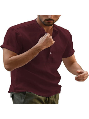 Men Casual V Neck Shirt Short Sleeve Summer Shirts Solid Loose Blouse Button Top