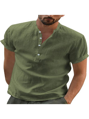 Men Casual V Neck Shirt Short Sleeve Summer Shirts Solid Loose Blouse Button Top