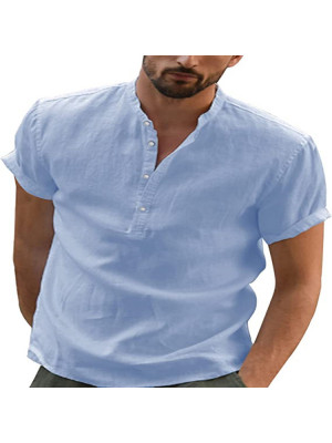 Men Casual V Neck Shirt Short Sleeve Summer Shirts Solid Loose Blouse Button Top