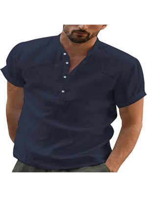 Men Casual V Neck Shirt Short Sleeve Summer Shirts Solid Loose Blouse Button Top