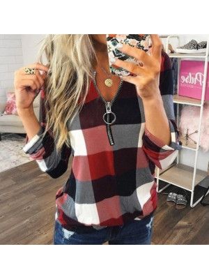 Plus Size Womens V Neck Loose Tops Blouse Ladies Plaid Long Sleeves T Shirts UK