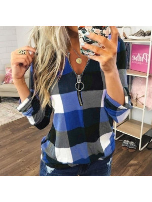 Plus Size Womens V Neck Loose Tops Blouse Ladies Plaid Long Sleeves T Shirts UK