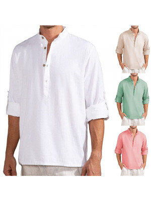 Mens Casual Shirt Linen Long Sleeve Summer Shirts Solid Loose Blouse Button Tops