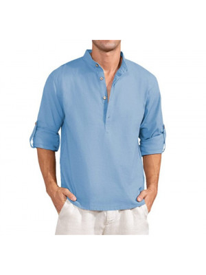 Mens Casual Shirt Linen Long Sleeve Summer Shirts Solid Loose Blouse Button Tops