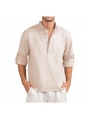 Mens Casual Shirt Linen Long Sleeve Summer Shirts Solid Loose Blouse Button Tops