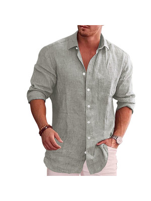 Casual Shirt Mens Linen Long Sleeve Summer Shirts Solid Loose Blouse V Neck Tops