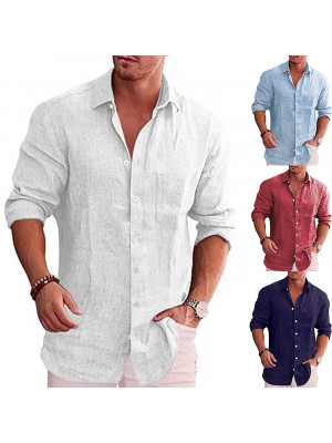 Casual Shirt Mens Linen Long Sleeve Summer Shirts Solid Loose Blouse V Neck Tops