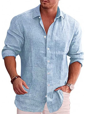 Casual Shirt Mens Linen Long Sleeve Summer Shirts Solid Loose Blouse V Neck Tops