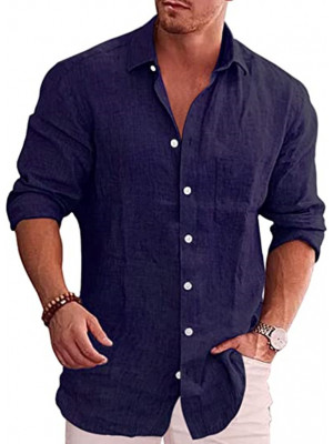 Casual Shirt Mens Linen Long Sleeve Summer Shirts Solid Loose Blouse V Neck Tops