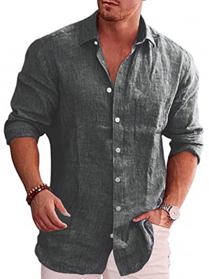 Casual Shirt Mens Linen Long Sleeve Summer Shirts Solid Loose Blouse V Neck Tops