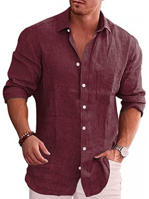 Casual Shirt Mens Linen Long Sleeve Summer Shirts Solid Loose Blouse V Neck Tops