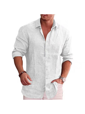 Casual Shirt Mens Linen Long Sleeve Summer Shirts Solid Loose Blouse V Neck Tops