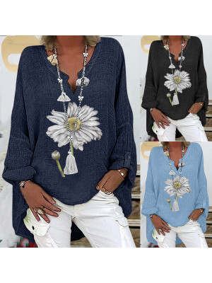 Womens Casual Floral Blouse Linen T Shirt Ladies Long Sleeve Tops Pullover Tee