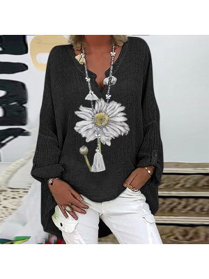 Womens Casual Floral Blouse Linen T Shirt Ladies Long Sleeve Tops Pullover Tee