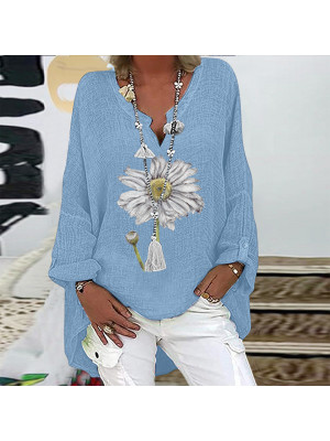 Womens Casual Floral Blouse Linen T Shirt Ladies Long Sleeve Tops Pullover Tee