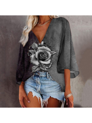 Womens Half Sleeve Loose Top Blouse Ladies Summer Print  V Neck Shirt Plus Size