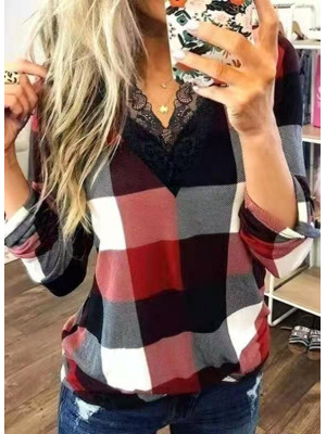 Womens Lace Stitching V Neck Tops Blouse Ladies Plaid Long Sleeves Casual Shirts