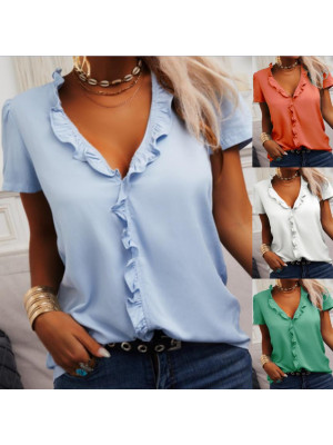 Plus Size Summer Womens Ruffles Tops Blouse Ladies V Neck Short Sleeve T-Shirt