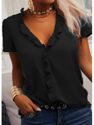 Plus Size Summer Womens Ruffles Tops Blouse Ladies V Neck Short Sleeve T-Shirt