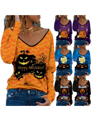 Womens Halloween Long Sleeve V Neck T Shirt Ladies Pullover Casual Tops Blouse