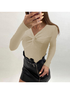 Women Sexy V Neck Knitted Shirts Ladies Slim Fit Long Sleeve Sweater Blouse Tops