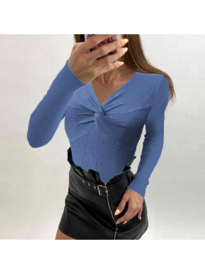 Women Sexy V Neck Knitted Shirts Ladies Slim Fit Long Sleeve Sweater Blouse Tops