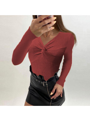 Women Sexy V Neck Knitted Shirts Ladies Slim Fit Long Sleeve Sweater Blouse Tops