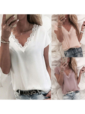 Plus Size Women Lace V Neck Tops T-Shirt Ladies Summer Short Sleeve Pullover Tee