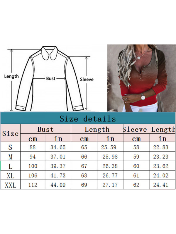 Women Sexy Button V Neck Tops Ladies Slim Fit Long Sleeve Gradient Blouse Shirt