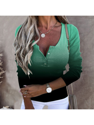 Women Sexy Button V Neck Tops Ladies Slim Fit Long Sleeve Gradient Blouse Shirt