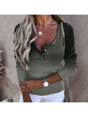 Women Sexy Button V Neck Tops Ladies Slim Fit Long Sleeve Gradient Blouse Shirt