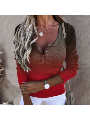 Women Sexy Button V Neck Tops Ladies Slim Fit Long Sleeve Gradient Blouse Shirt