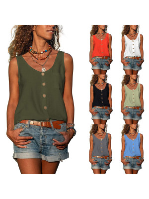 Womens Tops Vest Buttons V-Nek Loose Summer Blouse Holiday Casual Cami T Shirt