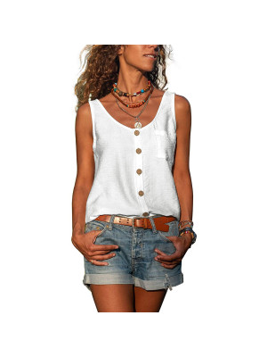 Womens Tops Vest Buttons V-Nek Loose Summer Blouse Holiday Casual Cami T Shirt