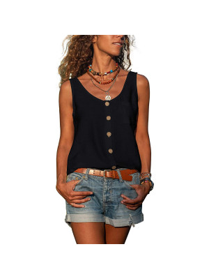 Womens Tops Vest Buttons V-Nek Loose Summer Blouse Holiday Casual Cami T Shirt