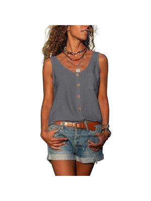 Womens Tops Vest Buttons V-Nek Loose Summer Blouse Holiday Casual Cami T Shirt